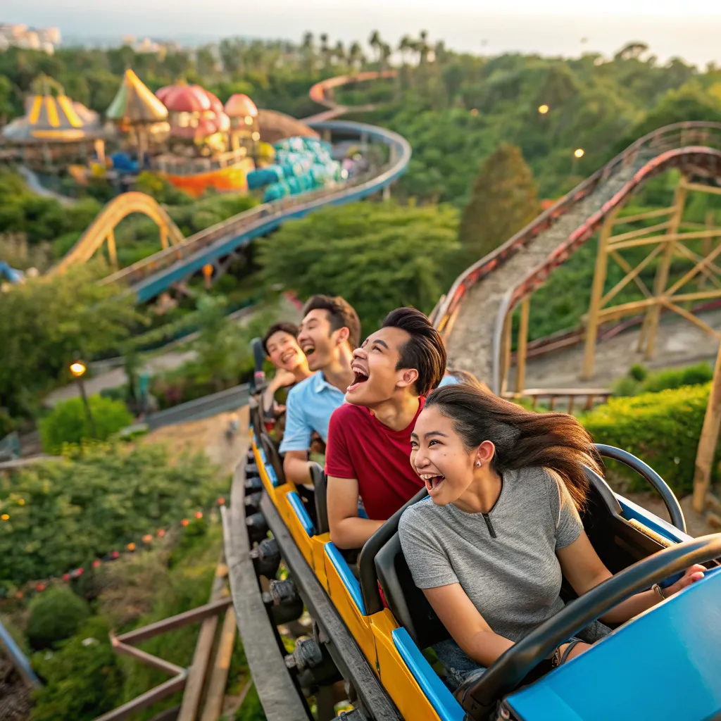 People enjoying a thrilling ride on a roller coaster at Adventure World